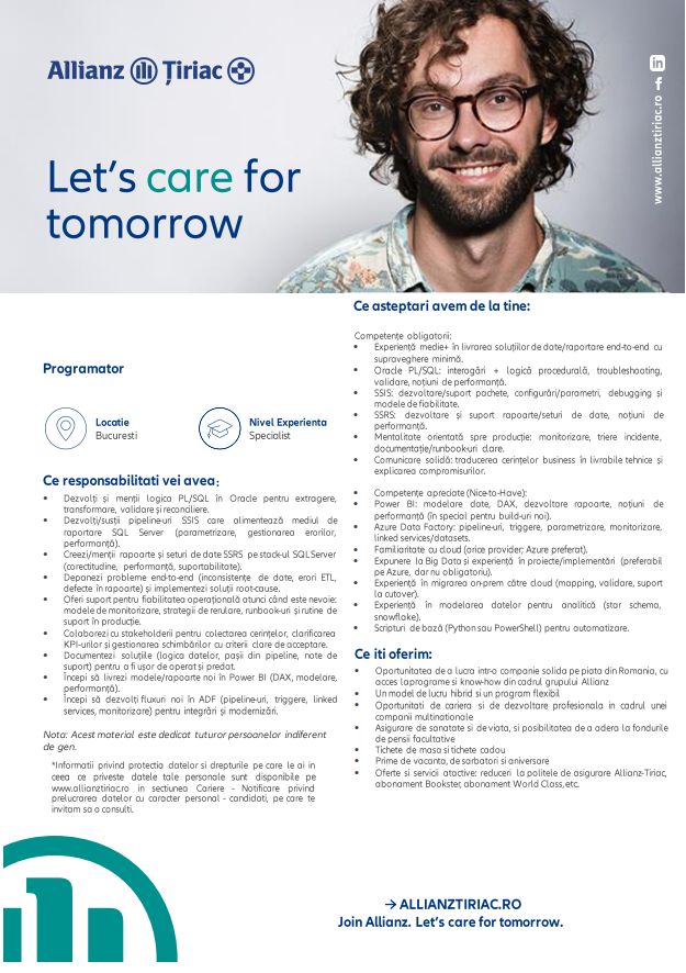 Programator PL/SQL - București- Allianz Tiriac Asigurari SA - BestJobs.eu