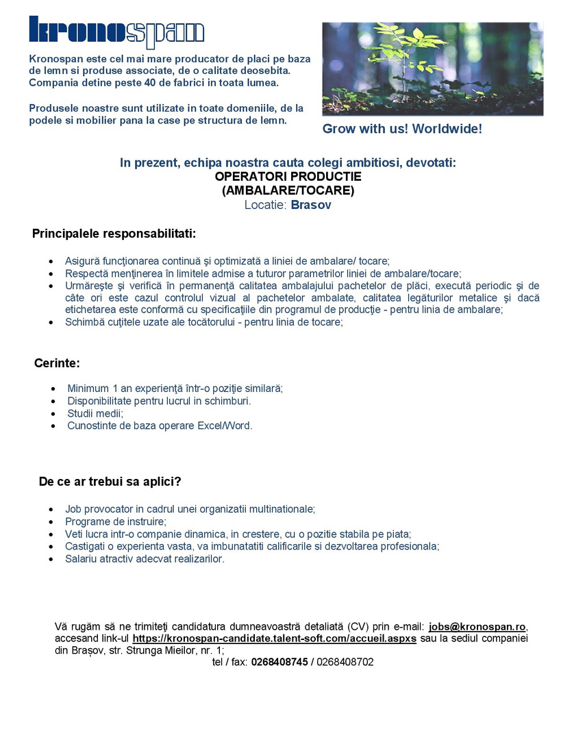 Anunt operatori productie ambalare-tocare