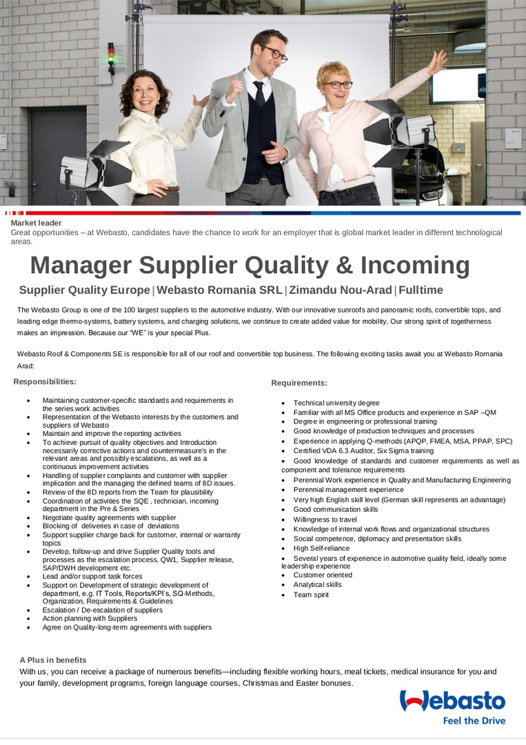 Manager Supplier Quality and Incoming